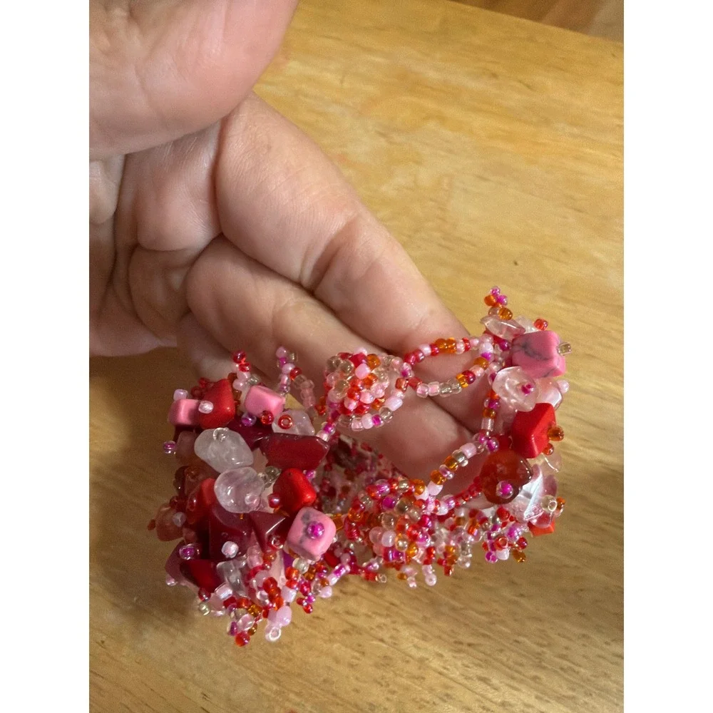 Pink Red Orange Multi Strand Beaded Cuff Statement Bracelet Stone Chip 1523